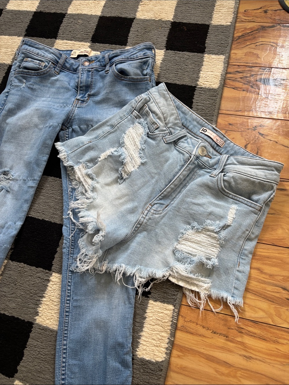 Bundle of Hollister Light Blue Distressed Skinny Jeans and SO Denim Shorts
